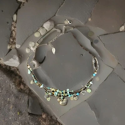 Colar de contas de turquesa falsa COLDWATER CREEK tons mistos de metal étnico nativo N32 - Imagem 1 de 4