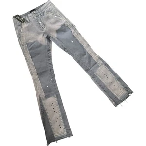 NWT Triple Sevens x Sniper Gang Patchwork Denim Flared Jeans Gray Men's Size 28 - Picture 1 of 16