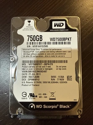 Western Digital Scorpio Black 750GB Internal 7200RPM 2.5" (WD7500BPKT) HDD - Image 1 of 4