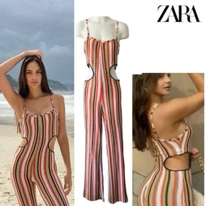 Zara Jumpsuit Women’s Small Striped Cutout Beach Boho Festival Flare Leg NEW - Picture 1 of 15
