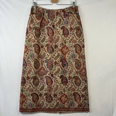 Maxi Falda Sundance 10 Beige Rojo Paisley Seda Mezcla Lana Espalda Recta Dividida Foto 1 de 4