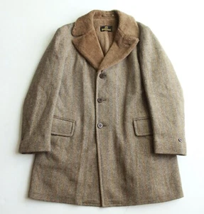 VTG Zero King Brown Herringbone Tweed Button Front Topcoat Pile Lined Sz 42 L - Picture 1 of 6