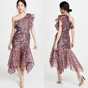 OPT Anthro Women S Apus Dress Red One Shoulder Faille Metallic Leopard Midi NEW - Picture 1 of 7