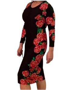 Lularoe Bodycon Kleid Langarm Schwarz Rot Gold Rosen Small - Bild 1 von 8