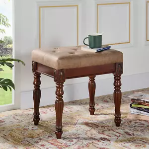 Vanity Stool Chair Upholstered Padded Cushion Vintage Seat Carved Wooden Legs - Picture 1 of 12