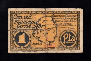 F.C. SARRIA DE TER (GERONA) , 1 PESSETA 1937 , B/C- , ROTO . - Bild 1 von 2