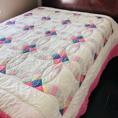 手工制作双婚戒被子 – 超大 115 英寸 x 100 英寸拼布 – 棉 — 第 1/4 张图片