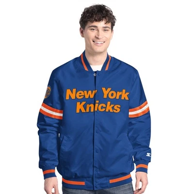 Men's Starter Blue/Orange New York Knicks Scout Full Snap Varsity Jacket - Image 1 of 2