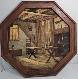 Vintage Kay Dee Linen Hand Print Cabin KitchenScene 16x16 Octagon Framed Picture - Picture 1 of 23