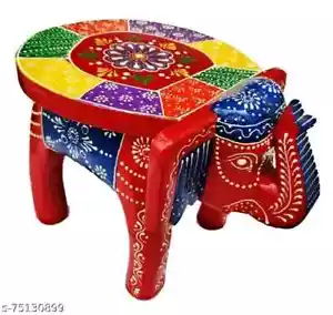 Elephant Shape Handpainted Wooden Round Stool Handmade For Home Decor - Picture 1 of 4