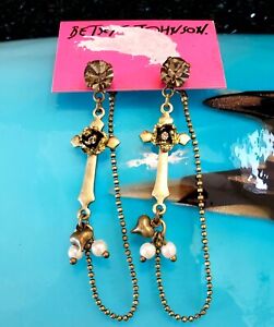 Betsey Johnson Cross with Rose Earrings Vintage Chain Drop Dangle Rhinestone NWT