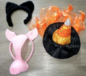 3 pc GIRL LOT PRETEND PLAY HALLOWEEN BLACK CAT EARS PIG FACE MASK WITCH HAT CORN - Picture 1 of 1