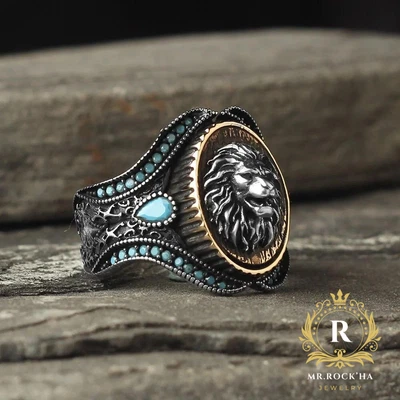 Anillo para hombre de plata de ley 925 con león melena en relieve, chapado en oro, piedra turquesa Foto 1 de 4