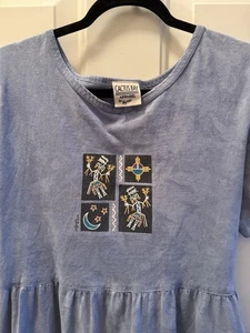 VTG Cactus Bay Southwest Native Maxi Dress Tie Back Blue Denim Lynne 2000 XL - Picture 1 of 8