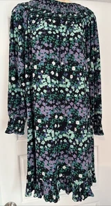 Loft M Pullover Stretch Dress Black Ditsy Flowers Purple Smocked  Ruffle Flowy - Picture 1 of 11