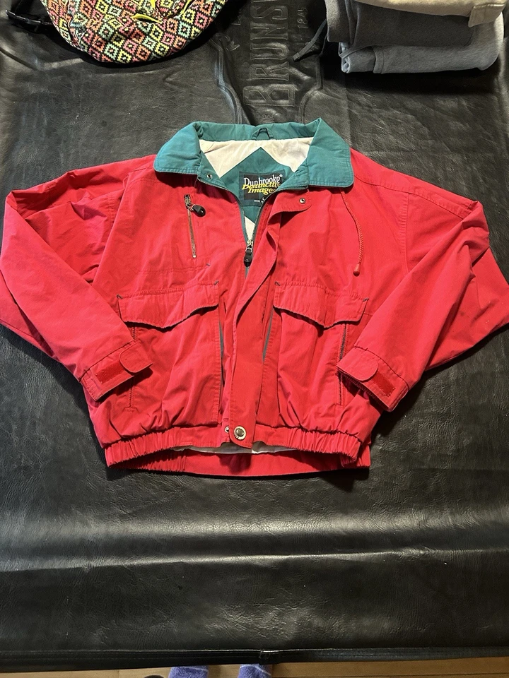 Chaqueta cortavientos Dunbrooke vintage años 90 roja verde cremallera con cordón talla grande Foto 1 de 4