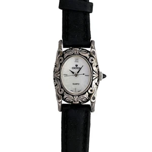 Croton Women's Ornate Silver Case Oval White Dial Black Leather Strap Quartz - Picture 1 of 9
