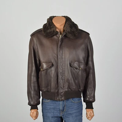 L Para Hombres Chaqueta Schott Cuero Marrón Aviador Invierno Extraíble Forrado Difuso Abrigo De Colección Foto 1 de 4