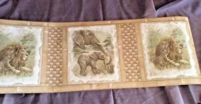 Wall Paper Border Elephants Lions Babies Vymura 49-543 Natural Colors Textured  - Image 1 of 4
