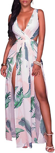 Sexy Sleeveless V-Neck Split Long Beach Dress Floral Print Bodycon Maxi Dress