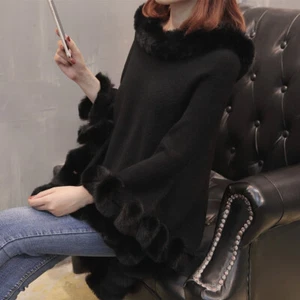 Poncho maglione donna pelliccia sintetica orlo avvolgente mantello maglia mantello scialle caldo elegante festa - Foto 1 di 10