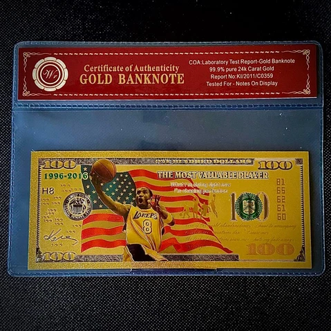 Gold Kobe Bryant LA Lakers Banknote with Bag and Certificate of Authenticity Cover