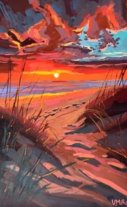 Original Landscape Painting Signed Sunset Beach Collectible Impressionism Art - Picture 1 of 3