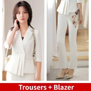 2Pcs Set Women Formal Office Uniform Business Suits Career Trousers Blazer White - Picture 1 of 29