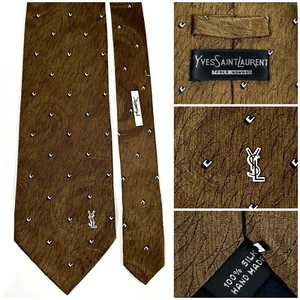 YSL Yves Saint Laurent Brown Silk w/ Abstract Pattern Handmade Necktie EXCELLENT - Picture 1 of 14