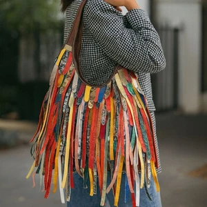 Colorful Tassel Leather Shoulder Bucket Bag, Large Capacity Crossbody Purse - Picture 1 of 7