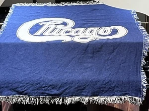 Chicago Vintage Blanket Throw Reversible Blue & White Fringes Woven Sports - Picture 1 of 9