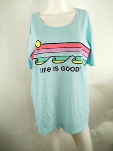Life is Good Women S/S Relaxed Fit Slub Tee Retro Wave Stripe Blue Medium 80940 - Picture 1 of 9