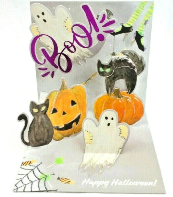 Boo! Happy Halloween Greeting Card 3D Pop Up Black Cat Ghosts Treasures - Image 1 of 4