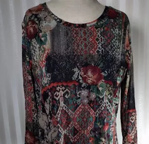 Coldwater Creek Top Womens Sz L 3/4 Abstract Tribal Texture Stretch Round Neck - Picture 1 of 8