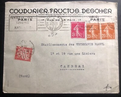 París Francia 1937 cubierta comercial a Cambrai franqueo debido Foto 1 de 2