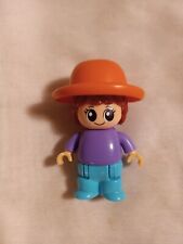 Duplo Lego Like 3" Figure Girl Wearing Orange Brim Hat Purple Shirt Blue Jeans