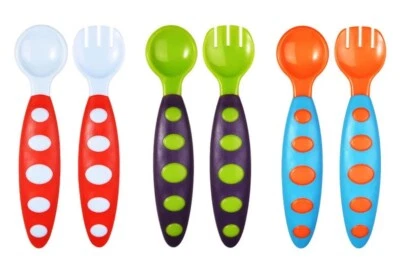 JUEGO DE CUCHARA Y TENEDOR DE UTENSILIOS DE ALIMENTACIÓN MULTICOLOR DE FÁCIL AGARRE PARA BEBÉ/NIÑO PEQUEÑO   Foto 1 de 4