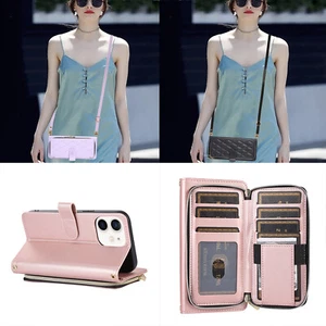 Phone Cover for iPhone 14 15 13 8 Zip Embossing+Long Rope PU Leather Wallet Case - Picture 1 of 18