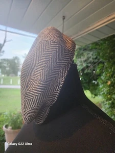VTG Jake Tweed Snap Flat Cap Size L Black Herringbone Golf Cap Made In Italy - Picture 1 of 3