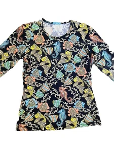 Camiseta J. McLaughlin Manga 3/4 Azul Marino Pez Joyas Caballito de Mar NUEVA $165 Talla XS - Imagen 1 de 6