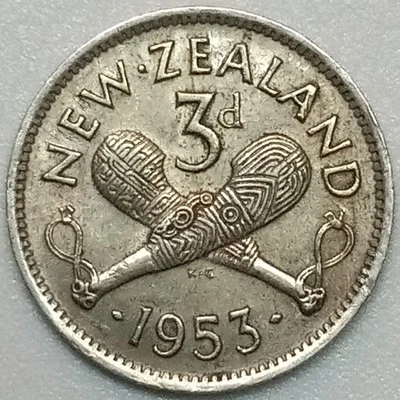 1953 New Zealand 3 Pence (Lot#1) Foto 1 de 2