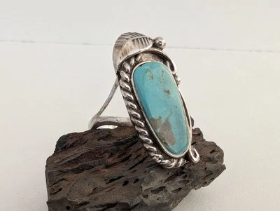 Vintage Navajo Style Sterling Turquoise Ring Size 8 – Long Oval Cabochon - Image 1 of 4