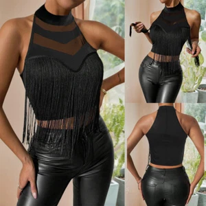 Sexy Women's Halter Neck Tassel Tank Tops Vest Sleeveless Party Clubwear Blouse - Picture 1 of 21