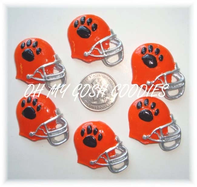 6PC BLACK PAW PRINT ORANGE FOOTBALL HELMET FLATBACK FLAT RESINS 4 HAIRBOW BOW Foto 1 de 1