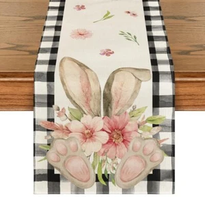 Easter Decorations Rabbit Bunny Flowers Buffalo Plaid Table Runner Gift 13"x72" - Picture 1 of 12