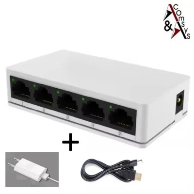 COMSYS Switch 5 Porte RJ45 Fast Ethernet 10/100 Mbit Hub di Rete LAN + Alimentatore USB