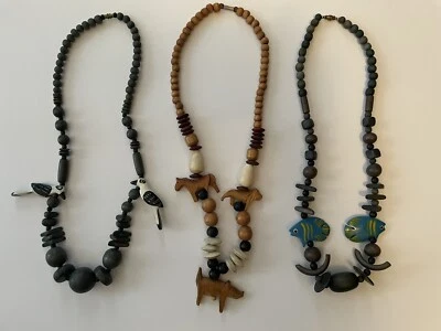 老式波西米亚部落雕刻木制动物珠项链鱼鸟马狮子 — 第 1/4 张图片