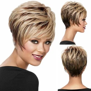 Short Layered Pixie Wig Brown Ombre Blonde Synthetic Wigs for White Women - Picture 1 of 8