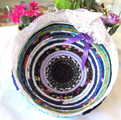 HANDMADE COILED FABRIC MULTI COLOR  BASKET ROPE QUILT+LACE FOR BREAD+DECOR GIFT - Image 1 of 4