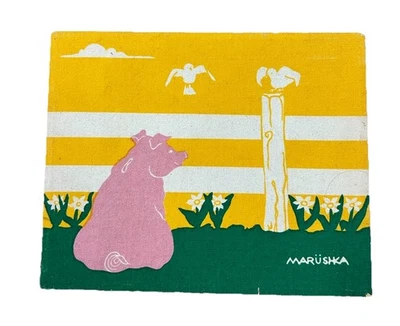Marushka Wall Art Textile Screen Print 8x10 Pig Bird Farm Yellow Green Fence MCM - Image 1 of 4